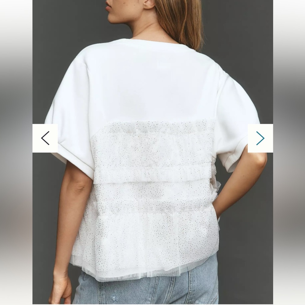 Anthropologie Maeve Short-Sleeve Smocked Ruffled Sweatshirt Glitter Tulle XS NWT - Picture 2 of 12